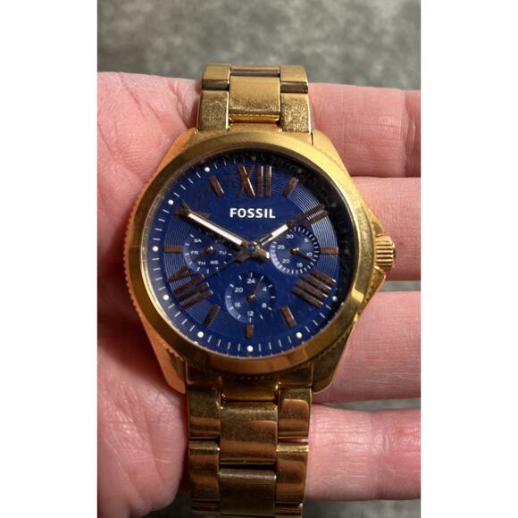 Fossil Men’s Stainless Steel Chronograph Watch Gold Tone Blue Dial Box Xtra Link - Picture 5 of 16
